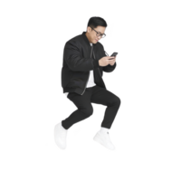 Person in black jacket and white sneakers is joyfully jumping while looking at smartphone. background is transparent, highlighting dynamic pose and casual attire png
