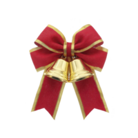 Decorative red and gold ribbon bow with two shiny golden bells, often used for festive occasions like Christmas, adds touch of elegance and celebration png