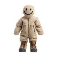 Burlap doll with smiley face stands wearing full body suit and large brown boots, exuding playful and whimsical vibe. texture of burlap adds rustic charm png