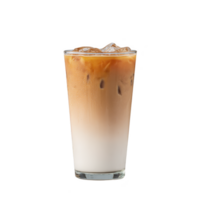 Refreshing iced latte with layers of espresso and milk in clear glass, topped with ice cubes, perfect for hot day png