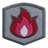 This shows embroidered patch with flame design, featuring red and pink colors on gray background. patch has shield like shape and border that outlines design png