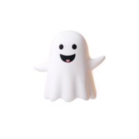 Cute, smiling cartoon ghost with white sheet like body and black eyes, floating against transparent background. ghost has playful and friendly expression png