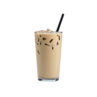 Tall glass of iced coffee with straw, filled with ice cubes, sits against plain background. refreshing beverage is creamy and inviting, perfect for hot day png