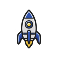 Cartoon rocket with blue and white colors and yellow flame is depicted, symbolizing exploration and innovation. design is simple and playful, evoking sense of adventure png