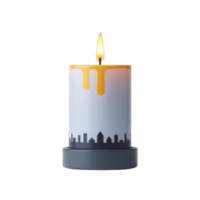 Lit candle with city skyline design and wax dripping down side creates warm, cozy atmosphere. candle is placed on simple round base, adding elegance to decor png