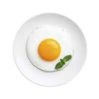Perfectly cooked sunny side up egg with vibrant yellow yolk is centered on white plate, garnished with fresh mint leaves, creating simple yet elegant presentation png