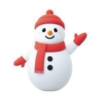 Cheerful snowman wearing red hat and scarf, with carrot nose and black buttons, waves happily. snowman is adorned with red mittens, creating festive and joyful winter scene png