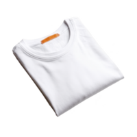 Neatly folded white t shirt with round neckline and orange tag is displayed against plain background, highlighting its simplicity and casual style png