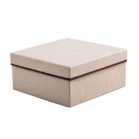 Beige square gift box with maroon trim sits against transparency background, showcasing simple and elegant design. box is closed, highlighting its smooth texture and clean lines png
