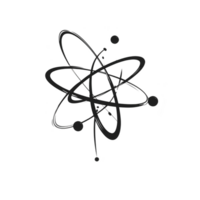 Atomic symbol with orbiting electrons, representing science and physics concepts. design is simple and monochrome, ideal for educational or scientific themes png