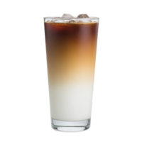 Refreshing iced coffee latte with gradient of dark coffee blending into creamy milk, served in tall glass with ice cubes. Perfect for cool, energizing drink png