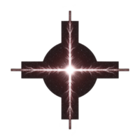 Glowing, symmetrical cross with electric like branches radiates from center, creating dynamic and energetic design against transparency background png
