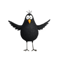 Cartoon black bird with wide eyes and orange beak stands with its wings spread, conveying surprised expression. bird simple design and fluffy texture add to its charm png
