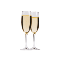 Two elegant champagne glasses filled with sparkling wine stand side by side, creating celebratory and festive atmosphere. bubbles rise gently, adding touch of sophistication to scene png