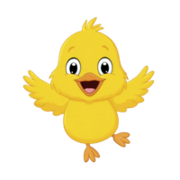 Cute, animated yellow chick with open wings and joyful expression, set against transparent background. chick playful pose and bright colors convey sense of happiness and energy png