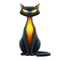 Sleek, animated black cat with glowing yellow eyes and long tail sits upright, exuding mysterious and confident aura. cat fur is smooth, and its expression is both curious and slightly mischievous png