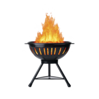 Black metal fire pit with blazing fire, perfect for outdoor gatherings and creating warm, inviting atmosphere. flames are bright and lively, adding cozy touch to any setting png