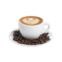 White cup of cappuccino with latte art sits on saucer surrounded by coffee beans, creating cozy and inviting atmosphere png