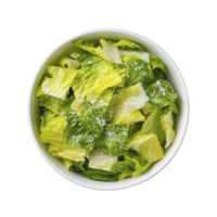 Fresh Caesar salad in white bowl, featuring crisp romaine lettuce leaves topped with grated cheese. vibrant greens and cheese create simple yet appetizing presentation png