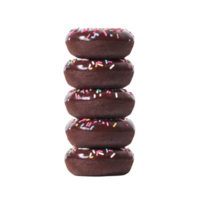 Stack of five chocolate donuts with colorful sprinkles is arranged vertically, creating tempting and playful display. glossy chocolate glaze adds rich texture png