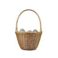 Wicker basket with handle contains three speckled eggs, creating rustic and natural appearance. eggs are nestled inside, showcasing simple yet charming arrangement png