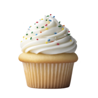 Delicious vanilla cupcake with creamy white frosting and colorful sprinkles on top, perfect for celebrations and sweet cravings png