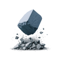 Large blue stone cube hovers above shattered rocks and dust, creating dynamic and surreal scene. contrast between solid cube and fragmented debris adds sense of motion and energy png