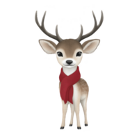Cute cartoon deer with large antlers and red scarf stands facing forward, exuding charming and festive appearance. illustration captures whimsical and joyful essence png