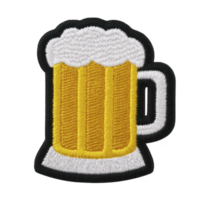 Detailed embroidered patch of frothy beer mug, showcasing intricate stitching and vibrant colors, perfect for adding fun touch to clothing or accessories png