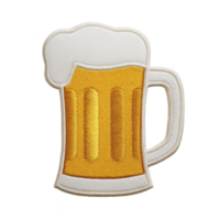 Patch design of frothy beer mug with handle, featuring golden yellow color and white foam on top, symbolizing refreshment and celebration png