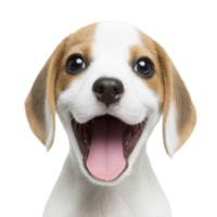Happy beagle puppy with joyful expression and open mouth, showcasing its playful nature. dog brown and white fur is smooth and shiny, highlighting its adorable features png