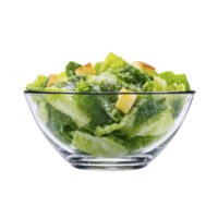 Fresh Caesar salad in clear glass bowl, featuring crisp romaine lettuce, crunchy croutons, and sprinkle of grated cheese, creating delicious and appetizing dish png