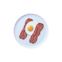 Plate with sunny side up egg and two strips of crispy bacon arranged neatly, creating classic breakfast presentation. white plate contrasts with vibrant colors of food, enhancing its appetizing png