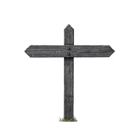 Weathered wooden signpost with two directional arrows stands against transparency background, symbolizing guidance and choice. rustic texture and simple design evoke sense of nostalgia png