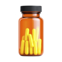 Clear amber pill bottle with black cap contains several yellow capsules, suggesting pharmaceutical or supplement product. image conveys sense of health and wellness png