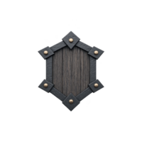 Hexagonal wooden shield with dark wood texture is reinforced by black metal frame and adorned with brass rivets, creating medieval aesthetic png