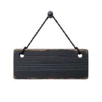 Rectangular black wooden sign with rustic texture hangs from rope, ready for customization. sign simple design makes it versatile for various uses png