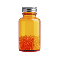 Clear glass bottle with metal cap contains vibrant orange beads, creating striking visual contrast. beads fill lower half of bottle, adding pop of color png