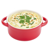 Delicious baked pasta dish in red casserole dish, topped with melted cheese and garnished with fresh parsley, creating warm and inviting meal png