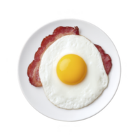 Delicious breakfast plate featuring sunny side up egg on top of crispy bacon, served on white plate. vibrant yellow yolk contrasts with golden brown bacon, creating appetizing meal png