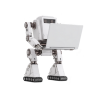 Humanoid robot with laptop stands on tracks, showcasing advanced technology and futuristic design. robot white and metallic features highlight its modern engineering png