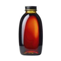 Clear glass bottle filled with amber liquid, possibly syrup or oil, is displayed against transparency background. bottle has black screw cap and smooth, rounded shape png