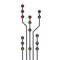 Digital circuit board design with colorful nodes and lines resembling tree structure, featuring red, green, and yellow dots on transparency background png