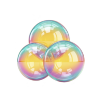 Colorful iridescent bubbles with reflective surface create mesmerizing visual effect. overlapping spheres display spectrum of colors, including pink, blue, and yellow, against transparency png