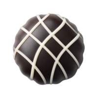 Round chocolate truffle with glossy dark chocolate coating is elegantly decorated with crisscross pattern of white chocolate lines, creating visually appealing and delicious treat png