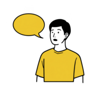 Person in yellow shirt with speech bubble, expressing communication or conversation. illustration is simple and uses minimalistic style png