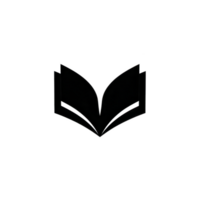 Open book icon in black silhouette style, symbolizing knowledge and learning. simple design features two pages slightly apart, creating sense of openness and accessibility png