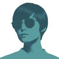 Stylized portrait of person wearing sunglasses, featuring monochromatic blue color scheme and halftone texture, creating retro and artistic effect png