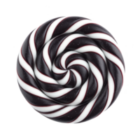 Black and white spiral lollipop with glossy finish, creating visually striking and playful candy design. swirl pattern adds sense of motion and fun png