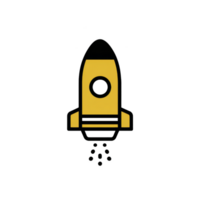 Simple, stylized yellow and black rocket icon with circular window and exhaust trails, set against transparent background. design is minimalistic and modern png